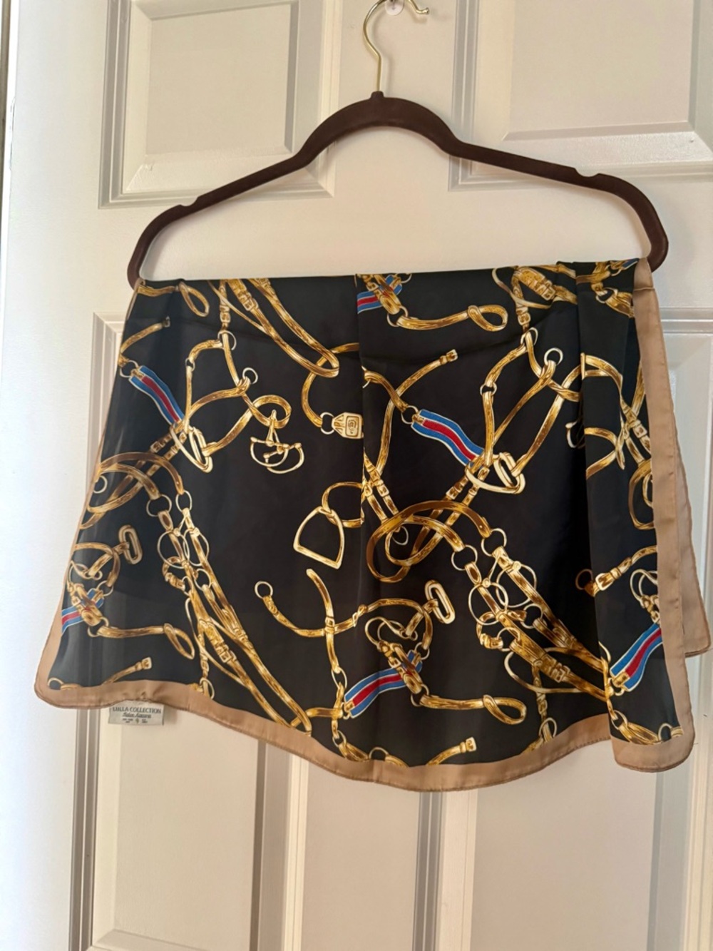 Black & Gold Equestrian-Print Mini Skirt with Tan Trim